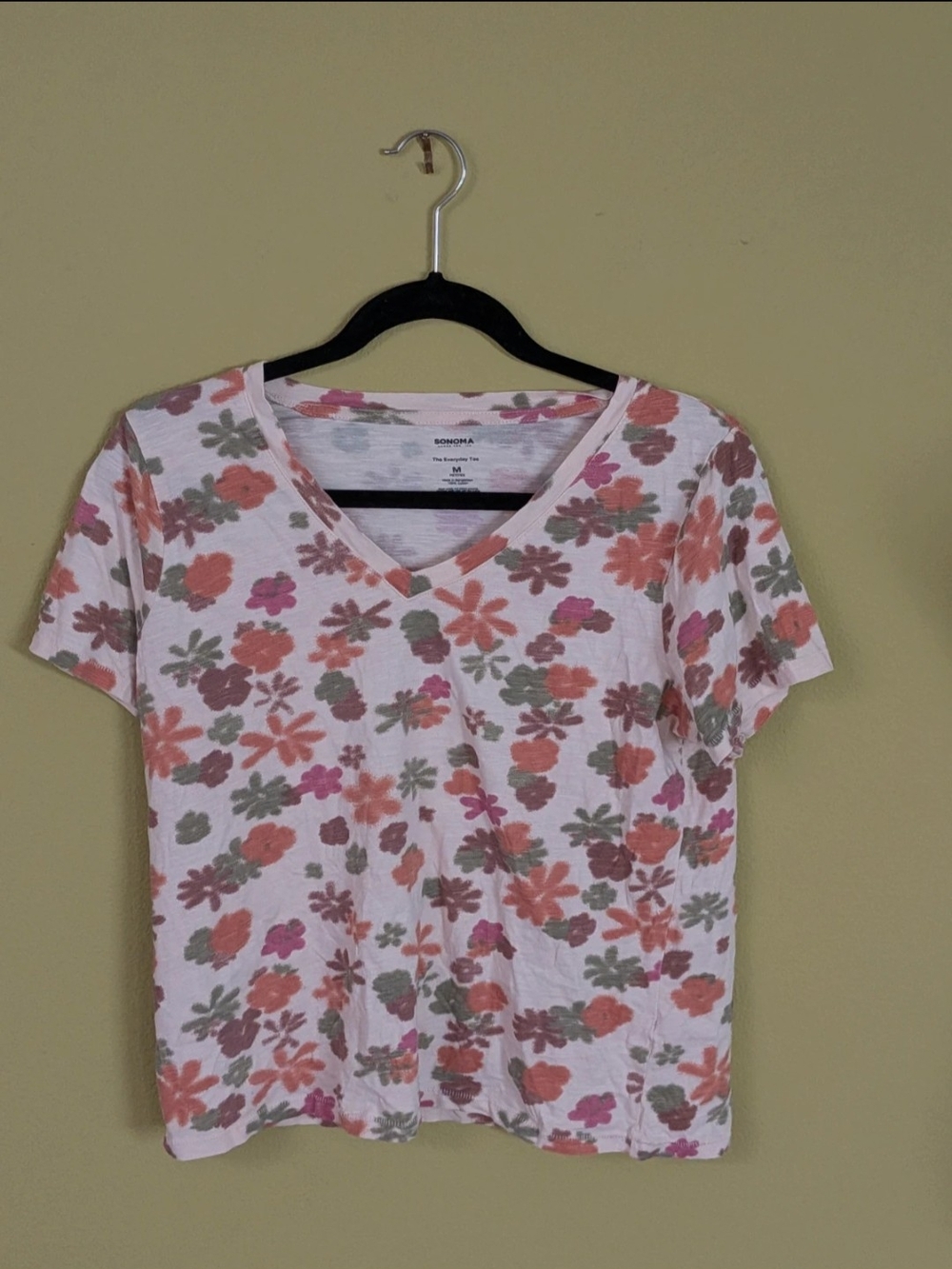 Sonoma White V-Neck Short Sleeve Tee with Pink, Coral & Sage Floral Print